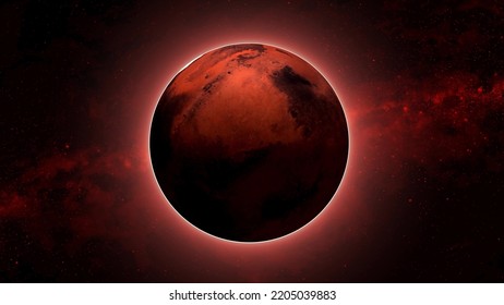 Mars In Space - Zoomed In Footage Of Mars Reflecting Sunshine. The Mars Shining With Small Star. Shining Mars In Space.  Illustration Background. 