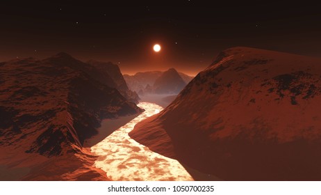 Mars, the sunset over the surface of Mars
3D rendering