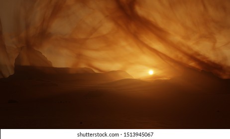 Mars Sunset Sunrise During Dust Storm, Dust Clouds Rise In The Windy Weather  As The Sun Casts Orange-yellow Lights On The Horizon Of The Red Planet. A 3D Illustration Of Planet Mars Rocky Landscape.