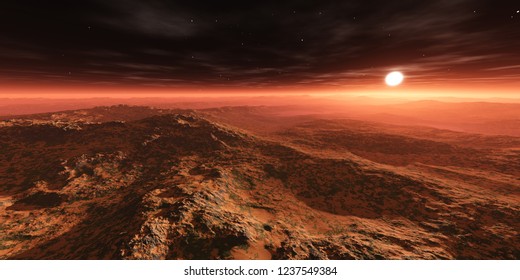 Mars at sunset, the surface of the planet under the star,
3d rendering