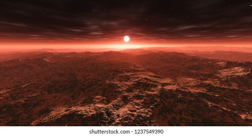 Mars at sunset, the surface of the planet under the star,
3d rendering