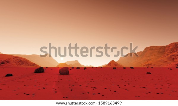 Mars surface on dark
background. Desert, sand. Alien landscape. Planet earth. Red planet
Mars. 3d render