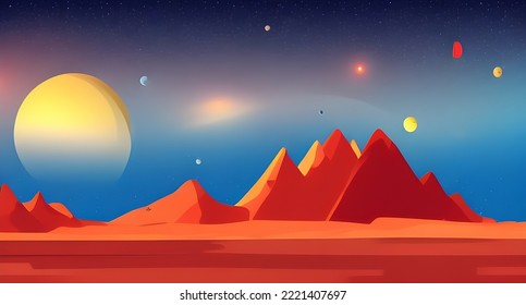 Mars Surface Scenery, Background Of An Alien Planet, Saturn In The Night Sky. Red Desert With Mountains And Brilliant Stars In The Background. Backdrop For Computer Game Featuring Cartoon Environment