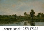 The Marsh by Charles Francois Daubigny. Vintage lake view landscape illustration. Vintage nature scenery art drawing illustration, old nature landscape painting art print.