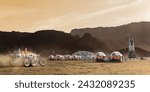 Martian base camp, with a rover moving in the foreground with dust towards a base camp made from linked geometric units with solar panels and a greenhouse with plants, and a docked rocket and rover.