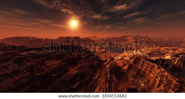 Martian channels, Mars planet surface at\
sunset, Alien surface of the planet at sunrise, Martian sunset,\
Mars at sunset, Sunrise on Mars, 3D\
rendering\
