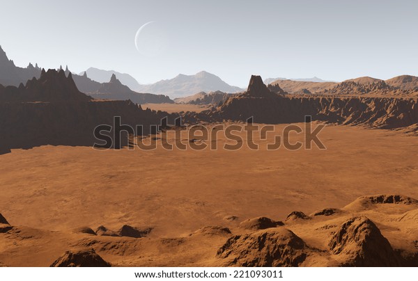 Martian landscape with\
craters and moon
