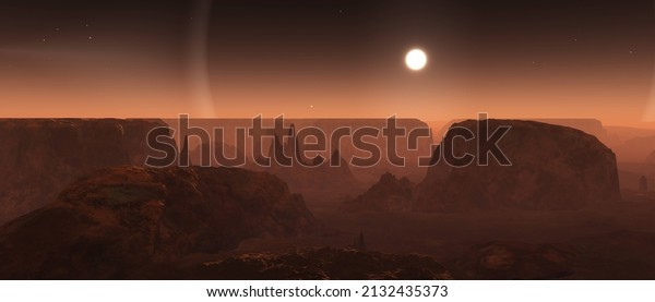 Martian landscape, sunset on\
Mars, Mars at sunrise, panorama of Mars, the face of Mars, 3D\
rendering