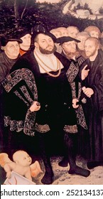 Martin Luther (left) with his friends John Oecolampadius, John Frederick the Magninimous, Huldreich Zwingli, Philipp Malanchthon, painting by Lucas Cranach the elder, ca. 1530