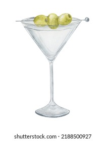 Martini cocktail watercolor hand drawn illustration. Drink clipart on white background.