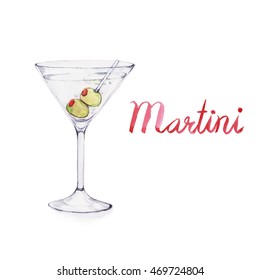 Martini. Cocktails , Watercolor Painting Isolated On White Background. 