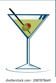 Martini Glass With Liquor, Olive And Swizzle Stick Isolated On A White Background.