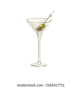 Martini glass with olives. Watercolor illustration. Isolated object on a white background. Hand-drawn illustration.