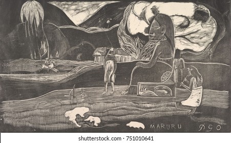 Maruru, by Paul Gauguin, 1893-94, French Post-Impressionist print, woodcut on paper. The image is from his earlier painting, Hina Maruru of 1893. Gauguin\x90s created images of Hina and other deities