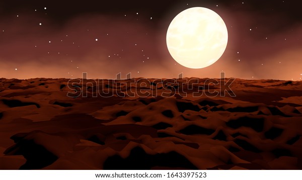 Marvelous 3d illustration of a dark red landscape\
from Mars with a large white moon. The skyline is dark brown and\
full of dazzling\
stars