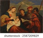 Mary with child, st stephen, st jerome and st mauritius, a copy after titian (tiziano vecellio), 1849, Nils Jakob Olsson Blommer. Vintage Christian artwork. Religious scene, Christianity illustration