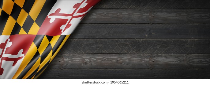 Maryland Flag On Black Wood Wall Banner, USA. 3D Illustration. 3D Illustration