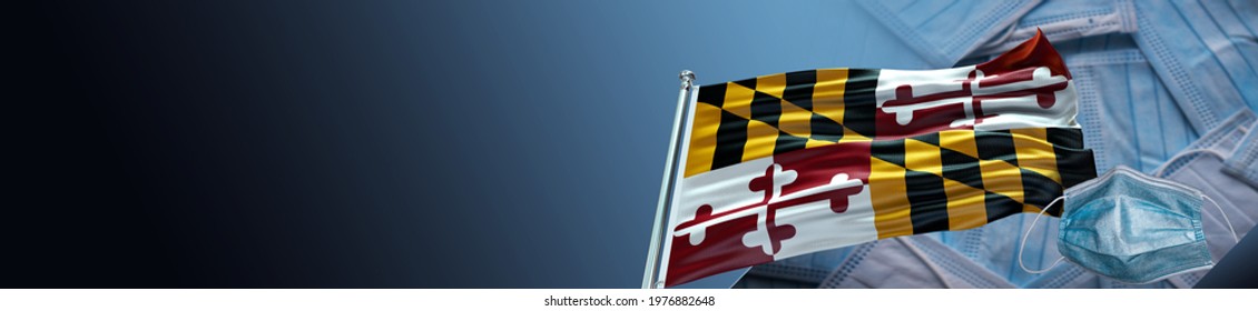 Maryland Flag With Surgical Mask And Large Gradient Single Flag - 3D Illustration - 3D Render  