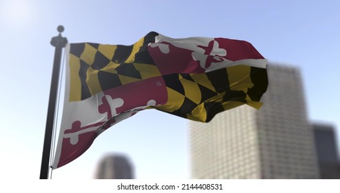 Maryland state waving flag on blurry background, USA state news 3D illustration