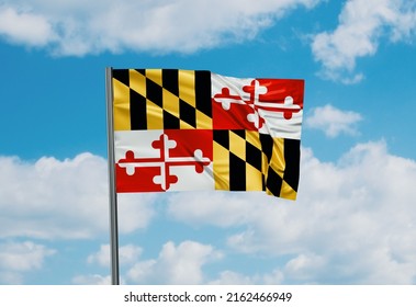 Maryland US state flag waving in the wind on sky, 3D illustration