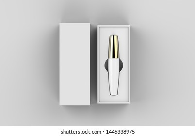 Mascara Tube With White Hard Packaging Box Mockup Template Isolated On White Background, 3d Illustration.