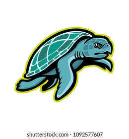 Mascot icon illustration of a Kemp's ridley sea turtle, or the Atlantic ridley sea turtle, the rarest species of sea turtle, swimming viewed from side  on isolated background in retro style.