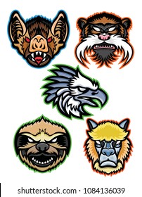 Mascot Icon Illustration Set Of Heads Of Amazon Wildlife Like The Vampire Bat, Emperor Tamarin Monkey, Harpy Eagle, Sloth And Alpaca Or Llama Viewed From  On Isolated Background In Retro Style.