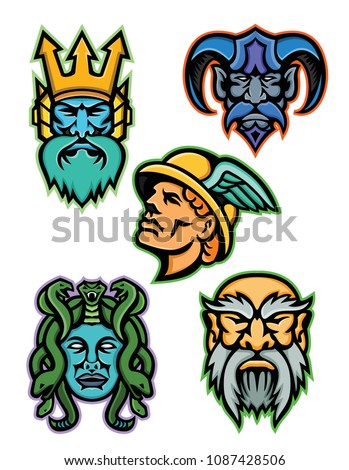 Mascot icon illustration set of heads of Greek mythology gods like Poseidon or Neptune, Hades, Hermes or Mercury, Medusa, a Gorgon, and Cronus or Kronos on isolated background in retro style.