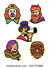 Mascot Icon Set Of Heads Of Circus Performers And Freaks Like The Bearded Lady Or Woman, Wolfman Or Wolfboy, Snake Lady Or Charmer, Circus Whiteface Clown And Circus Ringleader Or Ringmaster.