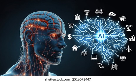 Mashine learning. Digital brain shaped with blue neural connection lines and glowing dots.Digital technology Illustartion..