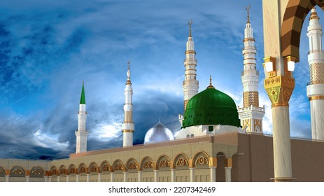 Masjid-e-Nabvi. Happy Eid Milad Un Nabi. Masjid 3d Model Of Celebrating 12 Rabi Ul Awwal. Birth Of Hazrat Muhammad Mustafa SAW 3D Rendering 3d Illustration