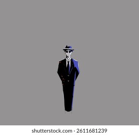 A masked detective mafia in a dark suit and fedora stands with an enigmatic pose against a minimalist gray background. This noir-style cartoon illustration is perfect for thriller or mystery theme.