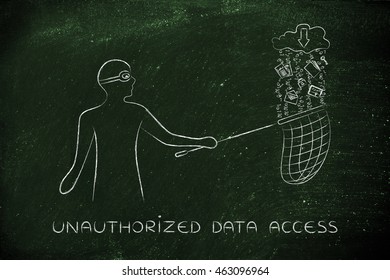 Masked Man Stealing Files Falling Off A Cloud With Download Arrow Icon, Concept Of Data Theft And Unauthorized Access