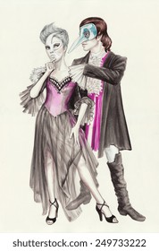 Masquerade Couple Wearing Fancy Costumes And Venetian Masks. Original Watercolor Painting.