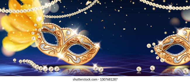 Masquerade mask with feather for mardi gras carnival banner. Venice event invite background with beads and confetti. Party flyer or venetian festive card design. Holiday and disguise, celebration - Powered by Shutterstock