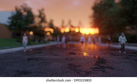 Mass Exodus Of People From Cities During The Cataclysm. A Crowd Of People Are Walking Along The Road In Search Of Salvation. 3D Rendering.