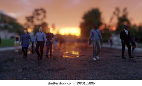 Mass Exodus Of People From Cities During The Cataclysm. A Crowd Of People Are Walking Along The Road In Search Of Salvation. 3D Rendering.