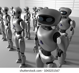 Mass of many robots. A crowd of android cyborg. 3d render.