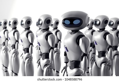 Mass of many robots. A crowd of android cyborg. 3d render.