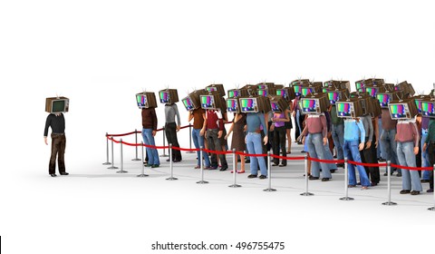 Mass media concept. Crowd of people with old tv instead head separated from normal person. Concept of propaganda and zombie society. 3d illustration