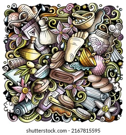 Massage hand drawn raster doodles illustration. Spa salon poster design. Beauty elements and objects cartoon background. Bright colors funny picture. 