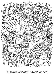 Massage hand drawn raster doodles illustration. Spa salon poster design. Beauty elements and objects cartoon background. Sketchy funny picture. 