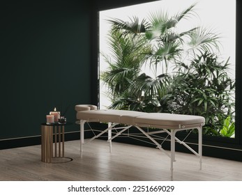 Massage room with large spa treatment table. Relaxed atmosphere of a beauty and health care hotel. Wellness, relax, medicine, retreat pleasure complex. Interior green with tropical resort. 3d render - Powered by Shutterstock