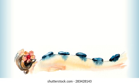 Massage With Stones. Beauty Salon. Business Card. SPA Concept. Watercolor Hand Drawn Illustration