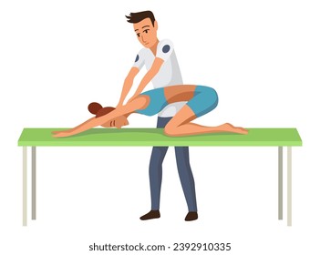 Massage therapist at work. Patient lying on couch, enjoying body relaxing treatment. Physiotherapist practicing massage, isolated cartoon characters. Flat  illustration - Powered by Shutterstock