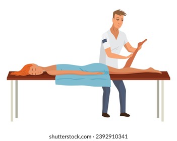 Massage therapist at work. Patient lying on couch, enjoying body relaxing treatment. Physiotherapist practicing massage, isolated cartoon characters. Flat  illustration - Powered by Shutterstock