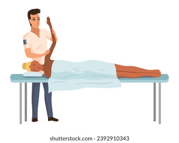 Massage therapist at work. Patient lying on couch, enjoying body relaxing treatment. Physiotherapist practicing massage, isolated cartoon characters. Flat  illustration - Powered by Shutterstock