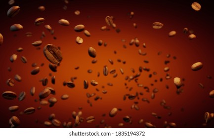 Masses of freshly roasted coffee beans rise from the bottom. Coffee beans spread in the air. 3D Rendering