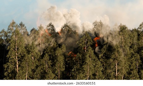 massive fire breaks out in a forest, sending plumes of smoke into the sky as flames consume the trees. sunlight illuminates the vivid orange flames, highlighting intensity of the blaze. 3d render
