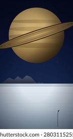 A massive golden ringed planet dominates a starry night sky above a solitary silhouetted figure standing on a vast, pale, minimalist landscape with distant jagged mountains.